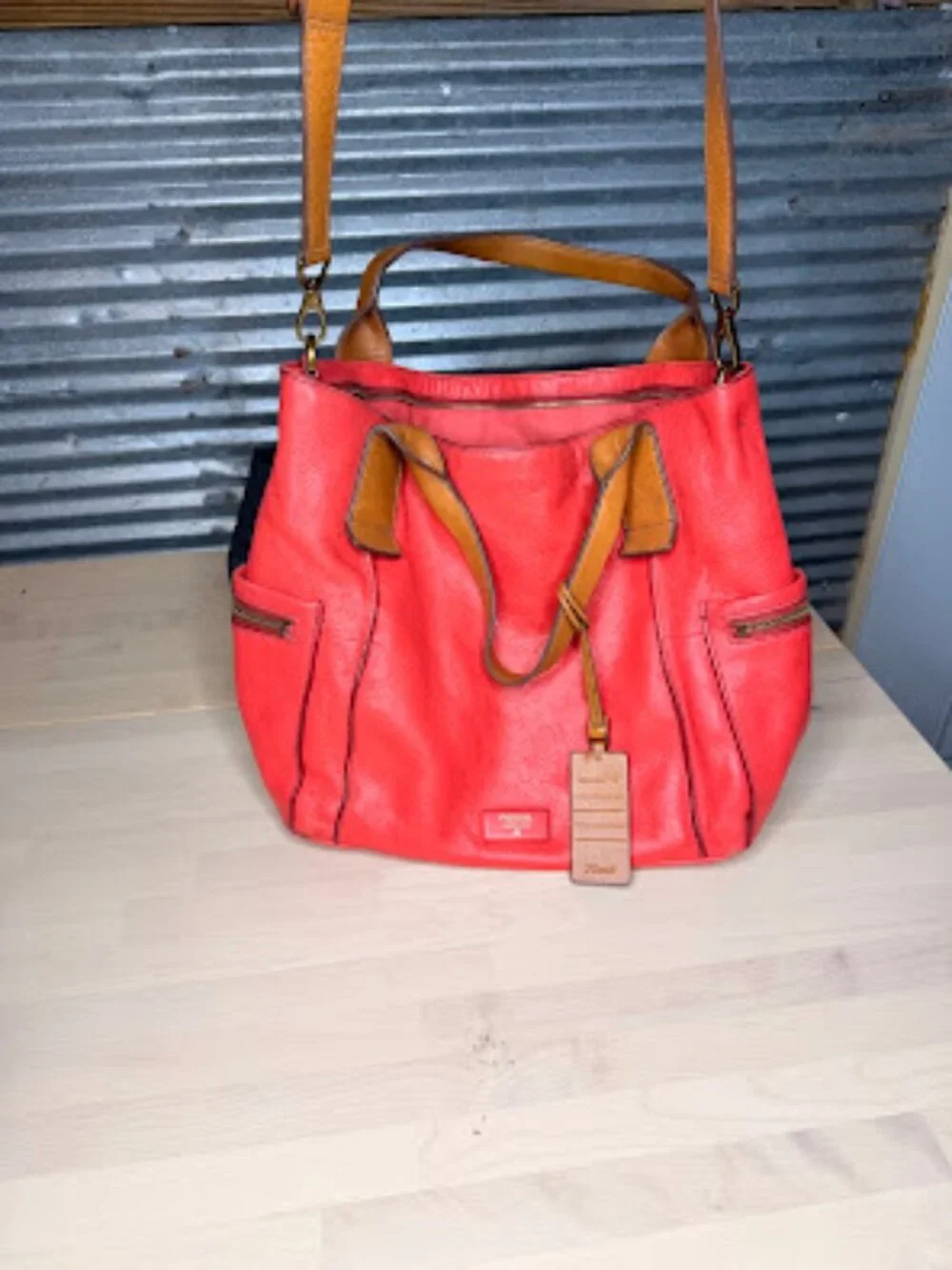 Fossil Genuine Pebbled Leather vintage Hobo Shoulder Bag - Coral / Tan Two-Tone
